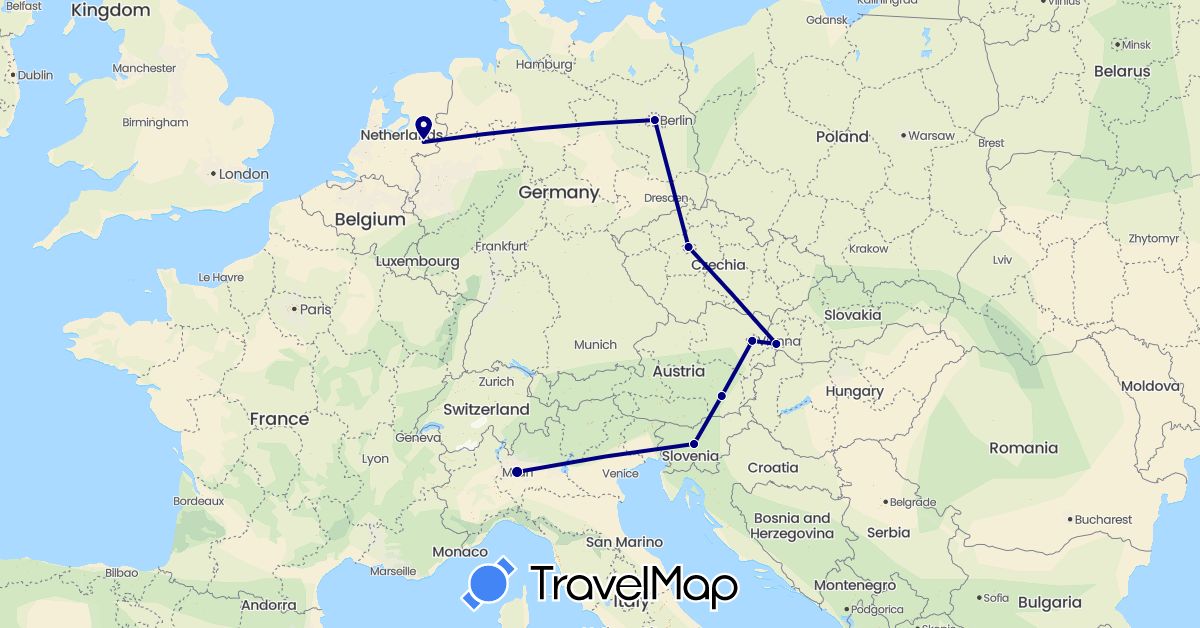 TravelMap itinerary: driving in Austria, Czech Republic, Germany, Italy, Netherlands, Slovenia, Slovakia (Europe)